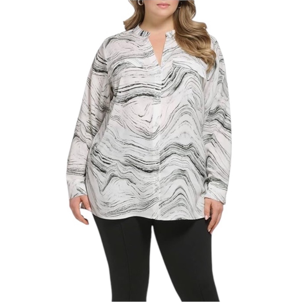 Calvin Klein Women's Printed CDC Roll Sleeve Button Up Blouse Size 2X